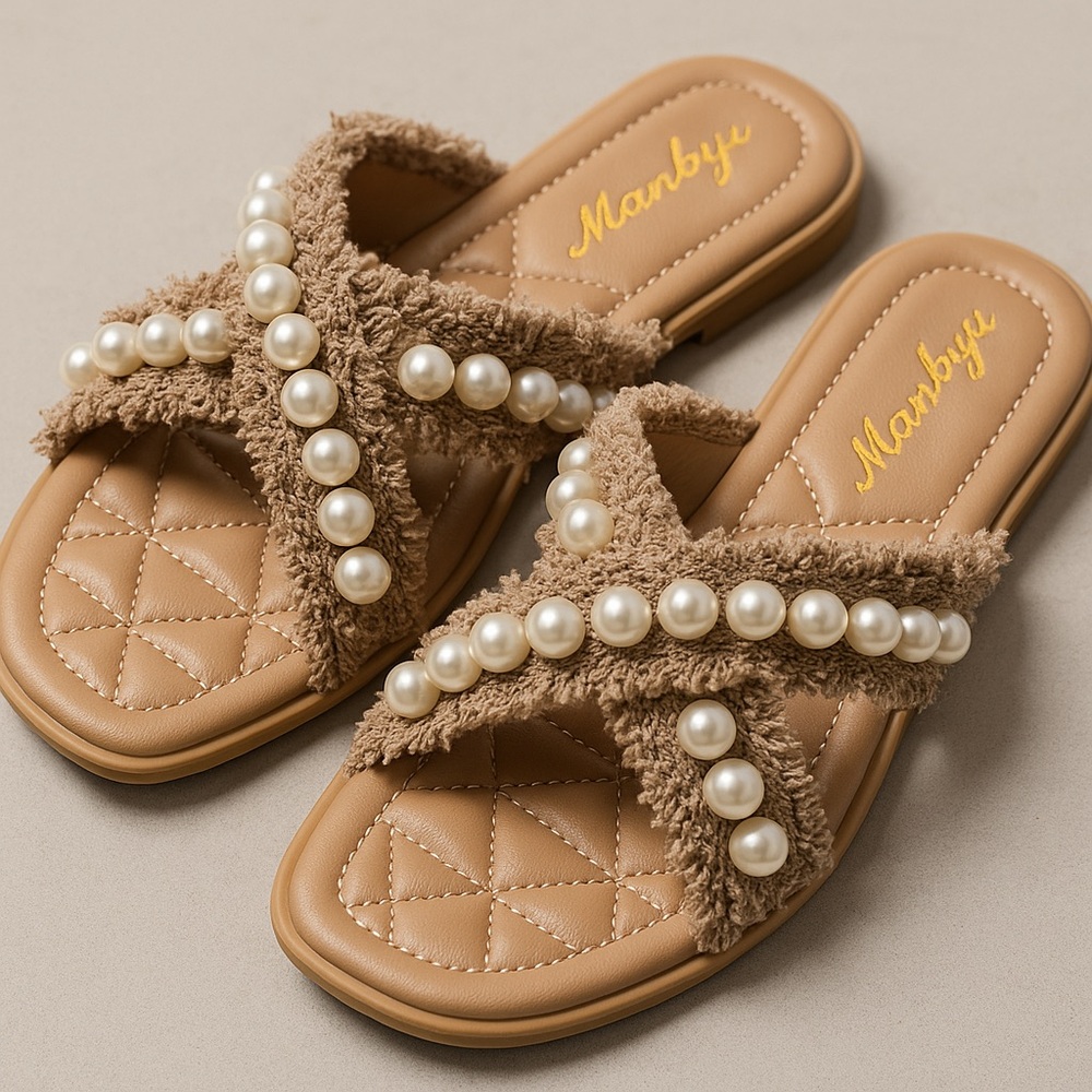 Tan Pearl-Embellished Women's Sandals